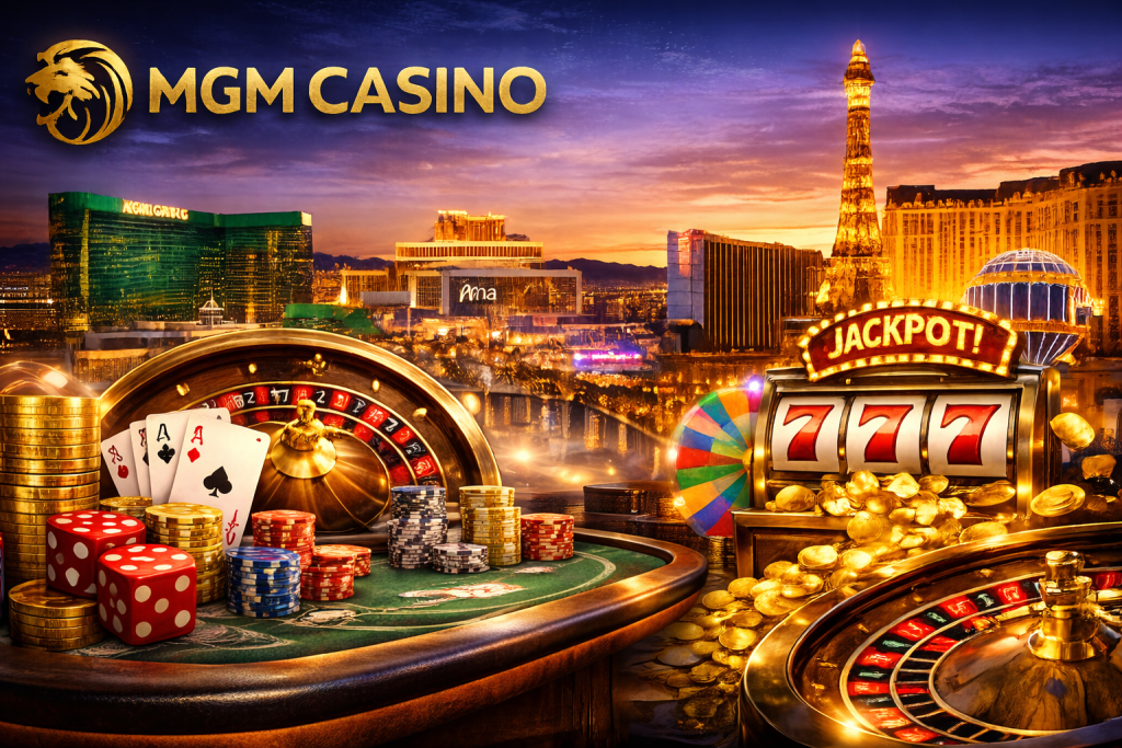 MGM Casino banner with slot machine, roulette wheel, poker chips and Las Vegas skyline, luxury gold theme, no people
